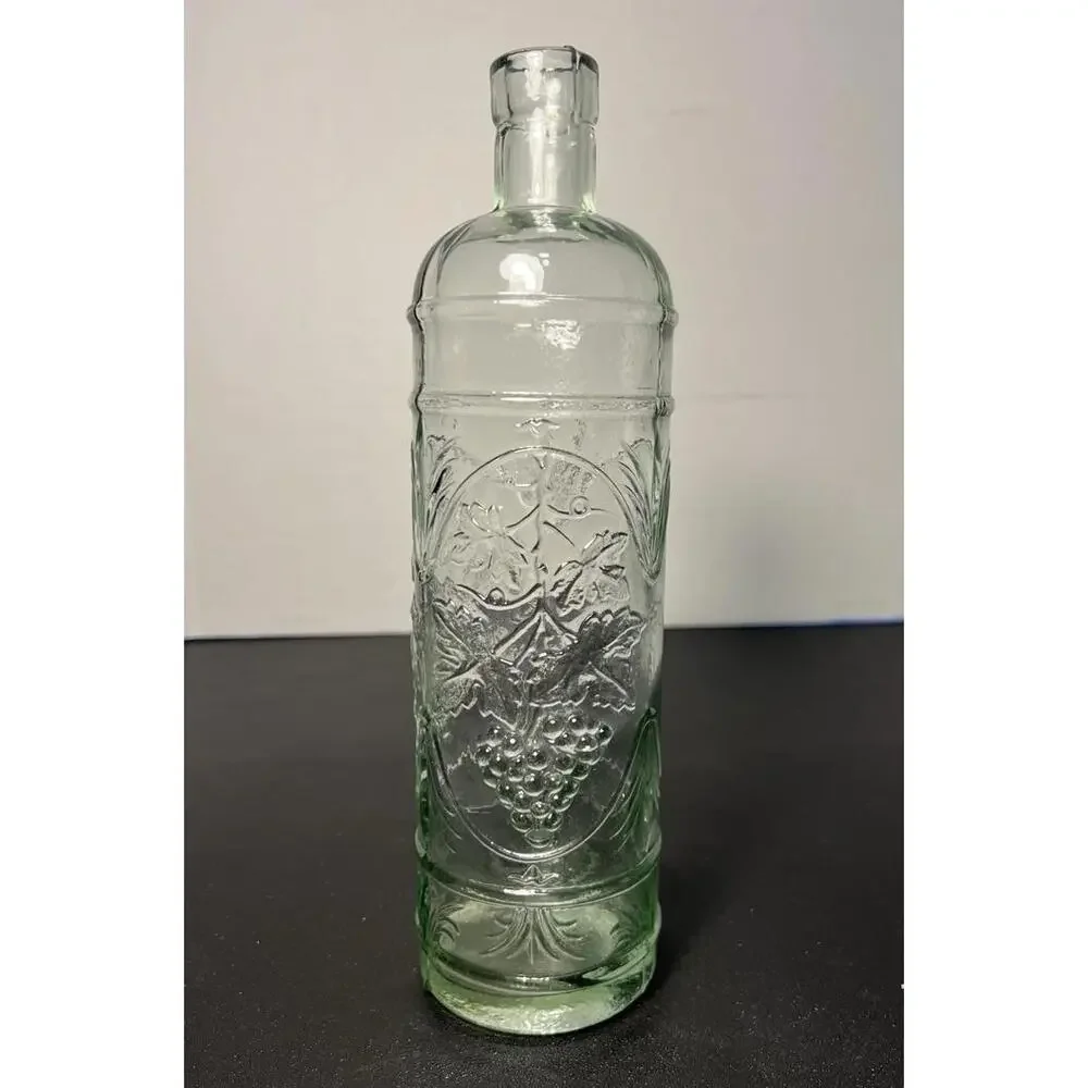 Williams Sonoma Spain 1990s Embossed Green Glass Bottle Grapevine Motif, 11.5”